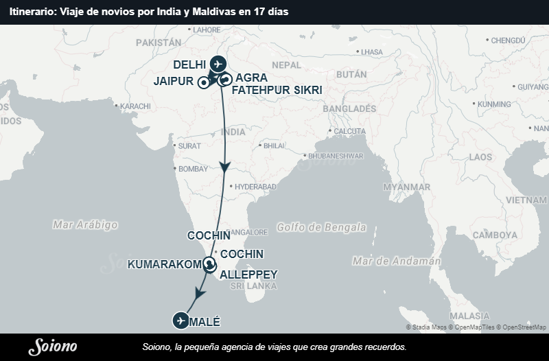 Mapa del itinerario del viaje: Viaje de novios por India y Maldivas en 17 días