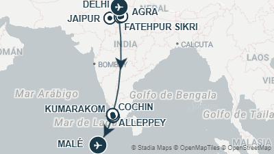 Mapa: Viaje de novios por India y Maldivas en 17 días