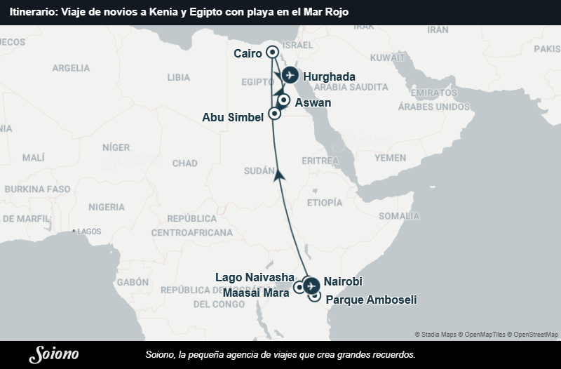 Mapa del itinerario del viaje: Viaje de novios a Kenia y Egipto con playa en el Mar Rojo