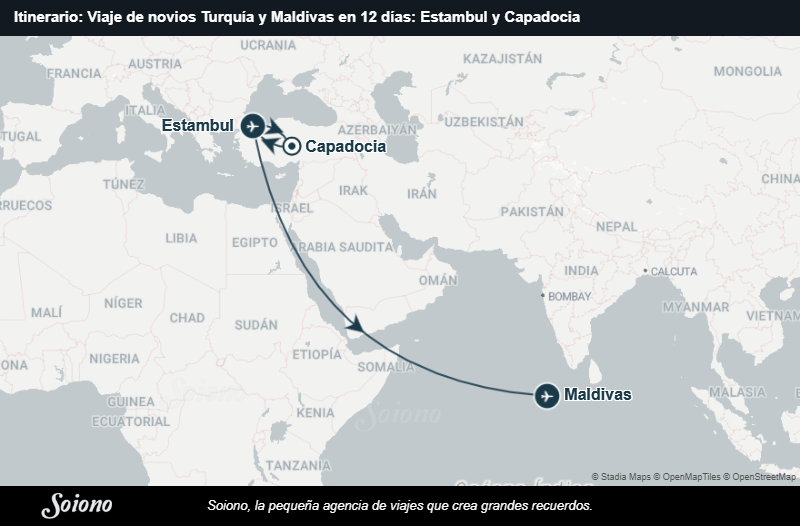 Mapa del itinerario del viaje: Viaje de novios Turquía y Maldivas en 12 días: Estambul y Capadocia