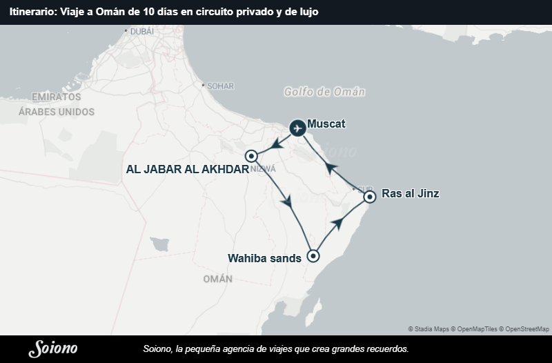 Mapa del itinerario del viaje: Viaje a Omán de 10 días en circuito privado y de lujo