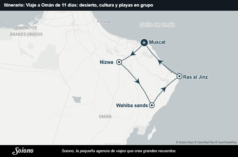 Mapa del itinerario del viaje: Viaje a Omán de 11 días: desierto, cultura y playas en grupo