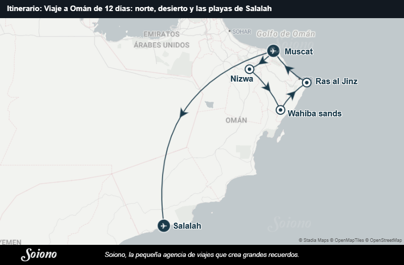Mapa del itinerario del viaje: Viaje a Omán de 12 días: norte, desierto y las playas de Salalah