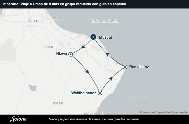 Mapa del itinerario del viaje: Viaje a Omán de 9 días en grupo reducido con guía en español