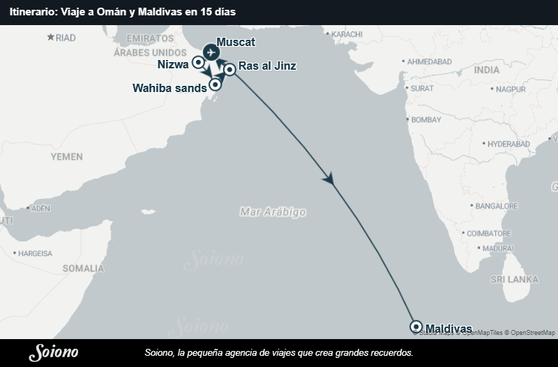 Mapa del itinerario del viaje: Viaje a Omán y Maldivas en 15 días