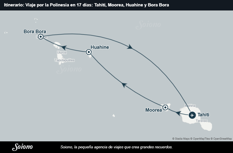 Mapa del itinerario del viaje: Viaje por la Polinesia en 17 días: Tahití, Moorea, Huahine y Bora Bora