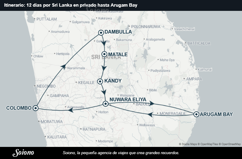 Mapa del itinerario del viaje: 12 días por Sri Lanka en privado hasta Arugam Bay