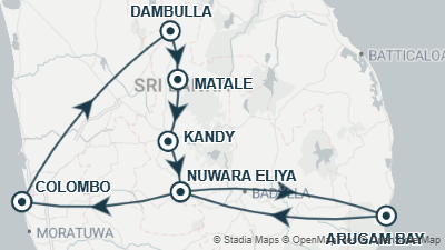 Mapa: 12 días por Sri Lanka en privado hasta Arugam Bay