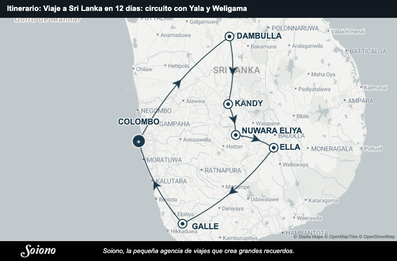 Mapa del itinerario del viaje: Viaje a Sri Lanka en 12 días: circuito con Yala y Weligama