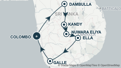 Mapa: Viaje a Sri Lanka en 12 días: circuito con Yala y Weligama