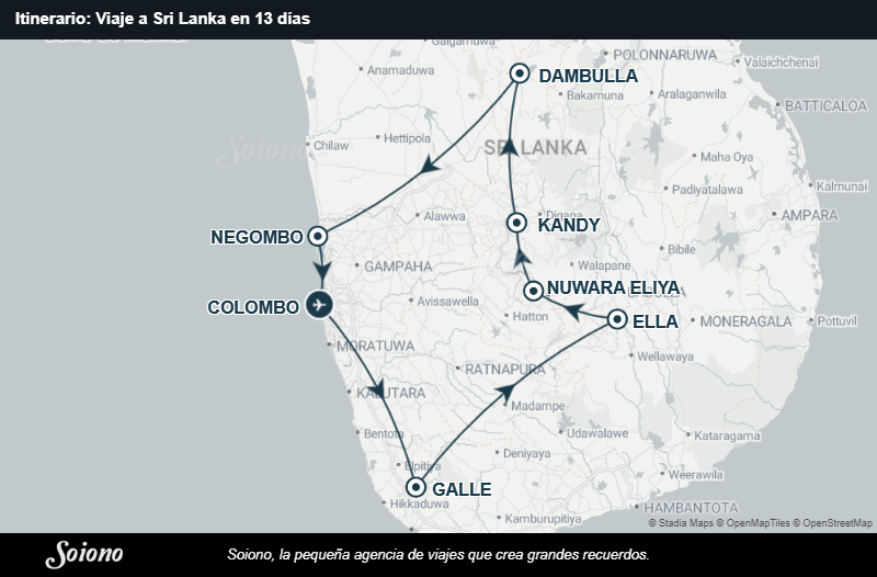 Mapa del itinerario del viaje: Viaje a Sri Lanka en 13 días
