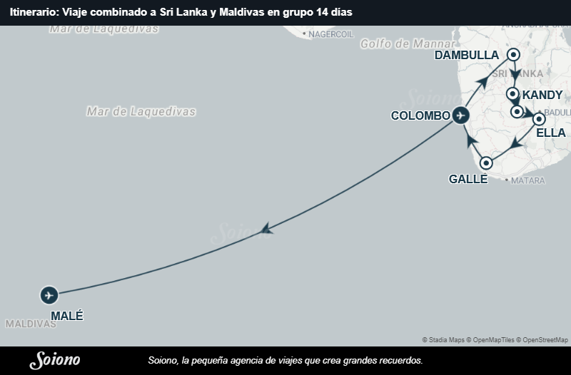 Mapa del itinerario del viaje: Viaje combinado a Sri Lanka y Maldivas en grupo 14 días