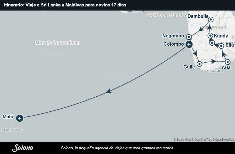 Mapa del itinerario del viaje: Viaje a Sri Lanka y Maldivas para novios 17 días