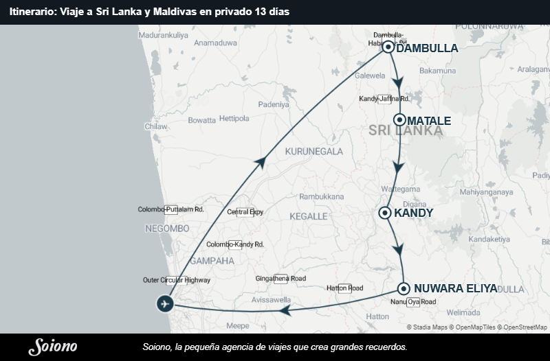 Mapa del itinerario del viaje: Viaje a Sri Lanka y Maldivas en privado 13 días