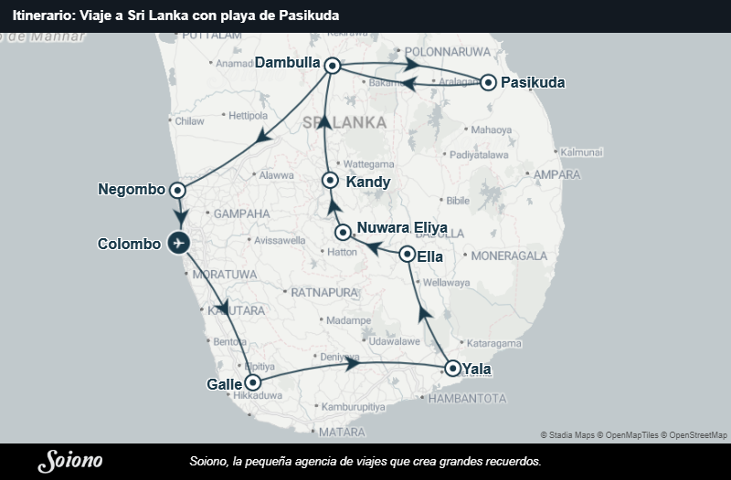 Mapa del itinerario del viaje: Viaje a Sri Lanka con playa de Pasikuda