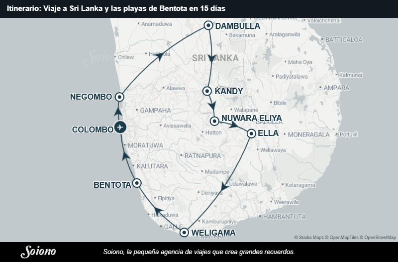 Mapa del itinerario del viaje: Viaje a Sri Lanka y las playas de Bentota en 15 días
