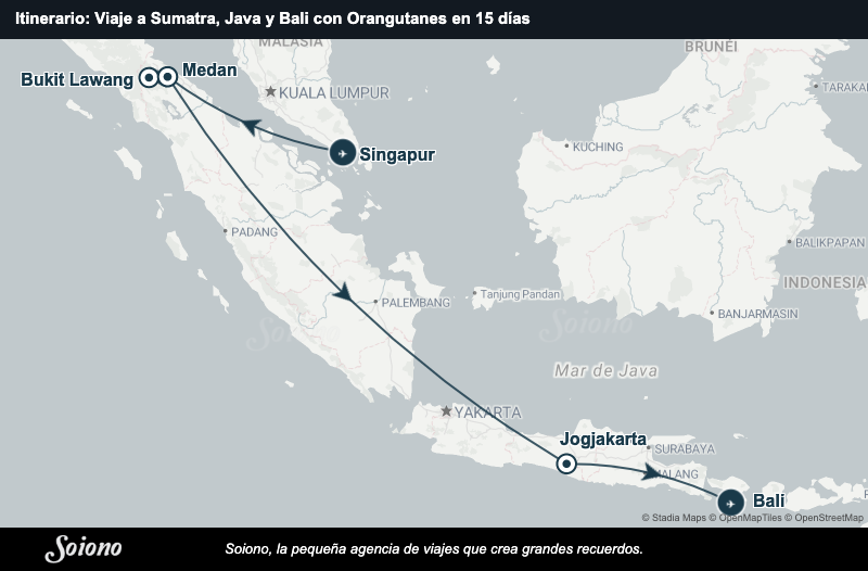 Mapa del itinerario del viaje: Viaje a Sumatra, Java y Bali con Orangutanes en 15 días