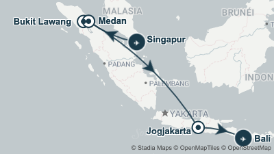 Mapa: Viaje a Sumatra, Java y Bali con Orangutanes en 15 días