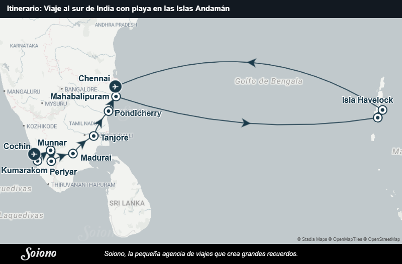 Mapa del itinerario del viaje: Viaje al sur de India con playa en las Islas Andamán