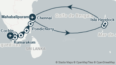 Mapa: Viaje al sur de India con playa en las Islas Andamán