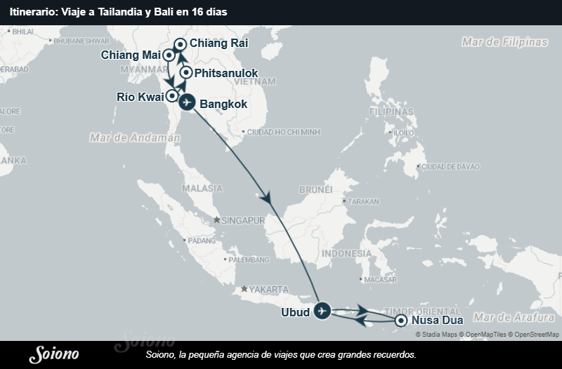 Mapa del itinerario del viaje: Viaje a Tailandia y Bali en 16 días