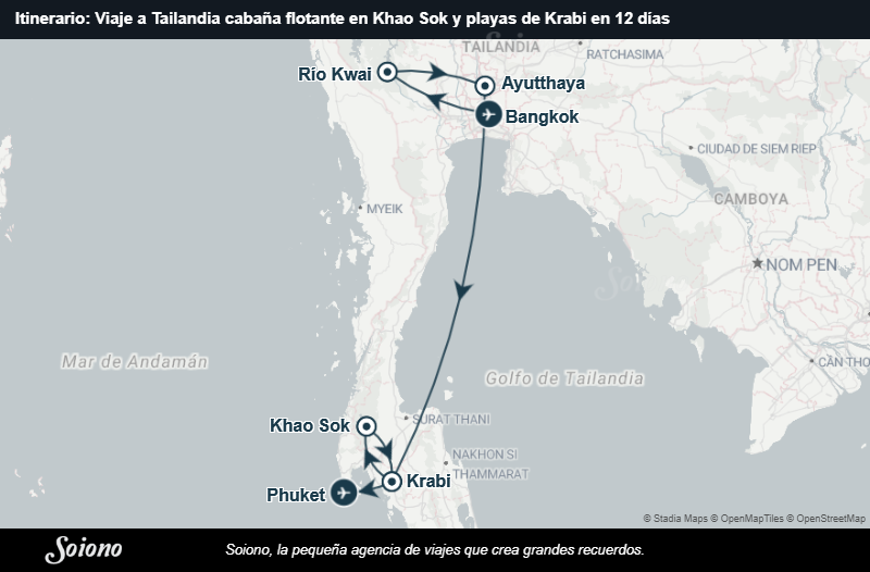 Mapa del itinerario del viaje: Viaje a Tailandia cabaña flotante en Khao Sok y playas de Krabi en 12 días