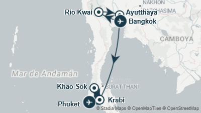 Mapa: Viaje a Tailandia cabaña flotante en Khao Sok y playas de Krabi en 12 días