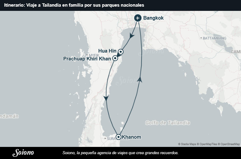 Mapa del itinerario del viaje: Viaje a Tailandia en familia por sus parques nacionales