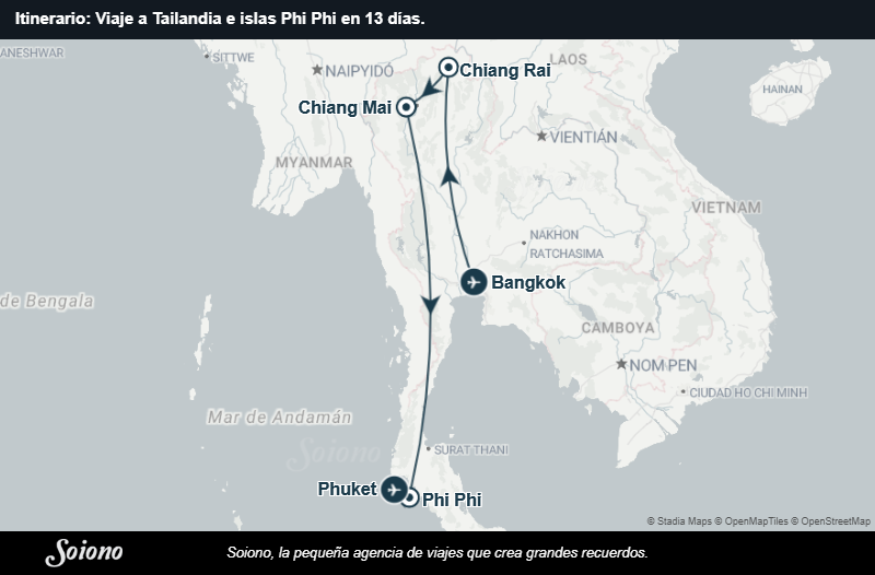 Mapa del itinerario del viaje: Viaje a Tailandia e islas Phi Phi en 13 días.