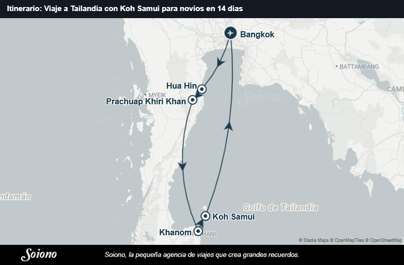Mapa del itinerario del viaje: Viaje a Tailandia con Koh Samui para novios en 14 días