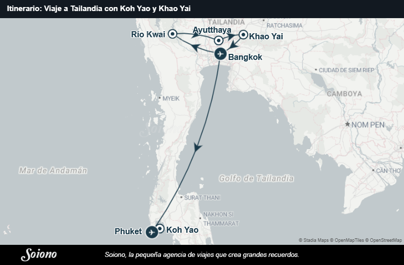 Mapa del itinerario del viaje: Viaje a Tailandia con Koh Yao y Khao Yai