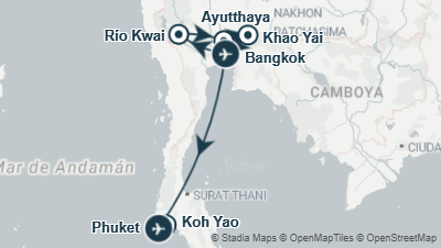 Mapa: Viaje a Tailandia con Koh Yao y Khao Yai