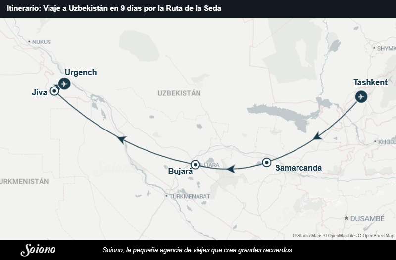 Mapa del itinerario del viaje: Viaje a Uzbekistán en 9 días por la Ruta de la Seda