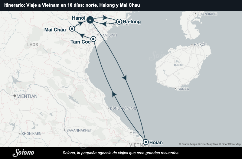 Mapa del itinerario del viaje: Viaje a Vietnam en 10 días: norte, Halong y Mai Chau