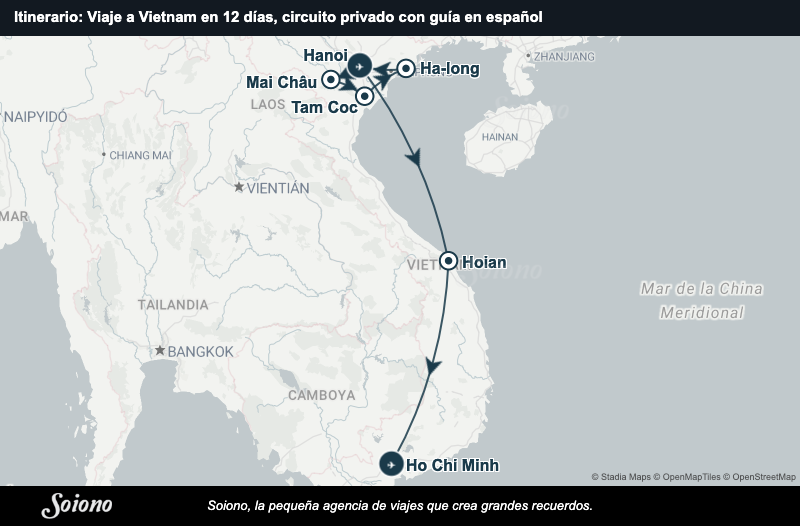 Mapa del itinerario del viaje: Viaje a Vietnam en 12 días, circuito privado con guía en español