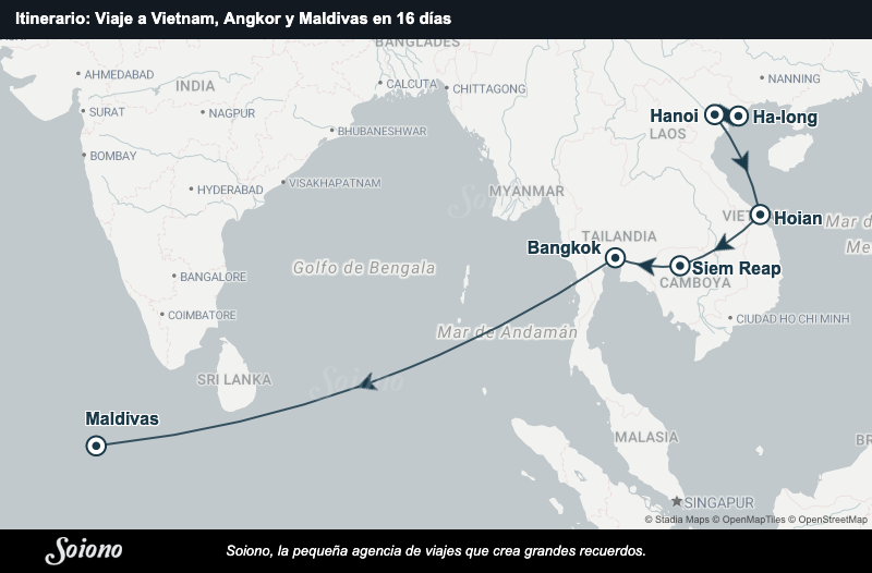 Mapa del itinerario del viaje: Viaje a Vietnam, Angkor y Maldivas en 16 días