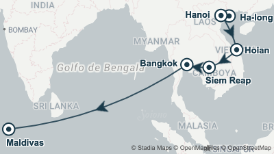 Mapa: Viaje a Vietnam, Angkor y Maldivas en 16 días