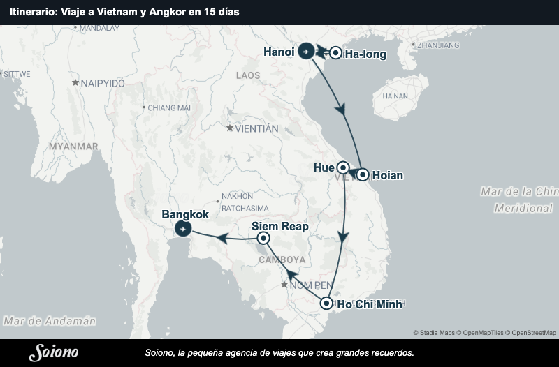Mapa del itinerario del viaje: Viaje a Vietnam y Angkor en 15 días