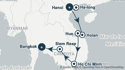 Mapa: Viaje a Vietnam y Angkor en 15 días