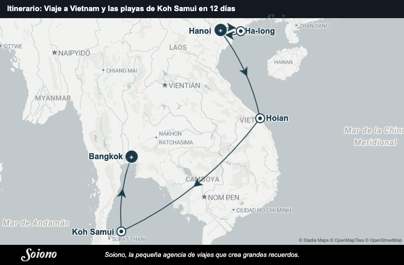 Mapa del itinerario del viaje: Viaje a Vietnam y las playas de Koh Samui en 12 días