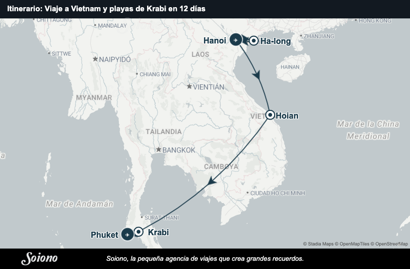Mapa del itinerario del viaje: Viaje a Vietnam y playas de Krabi en 12 días