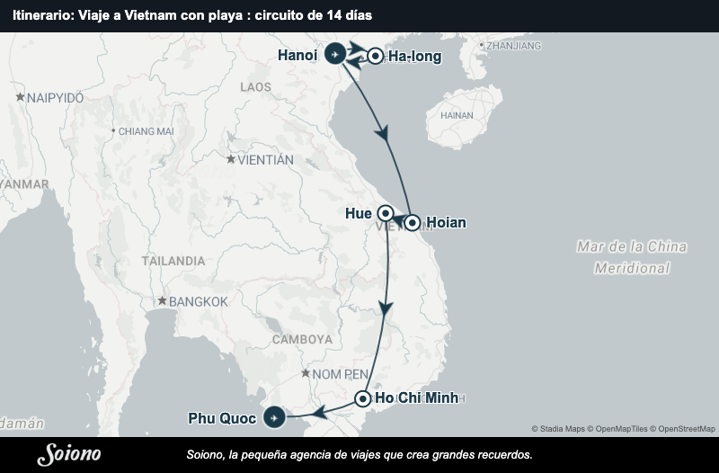 Mapa del itinerario del viaje: Viaje a Vietnam con playa : circuito de 14 días