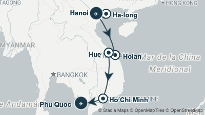 Mapa: Viaje a Vietnam con playa : circuito de 14 días