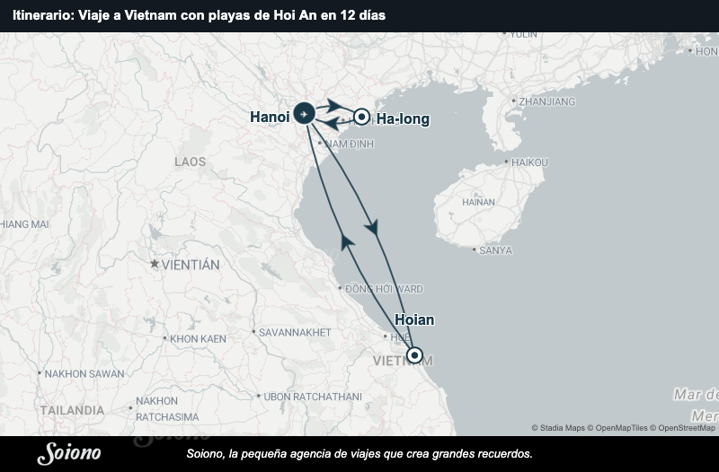 Mapa del itinerario del viaje: Viaje a Vietnam con playas de Hoi An en 12 días