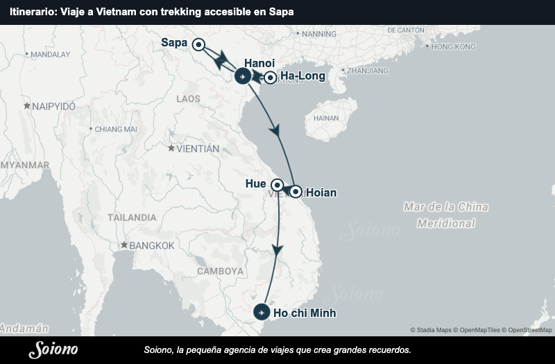 Mapa del itinerario del viaje: Viaje a Vietnam con trekking accesible en Sapa