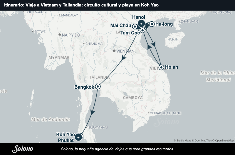 Mapa del itinerario del viaje: Viaje a Vietnam y Tailandia: circuito cultural y playa en Koh Yao