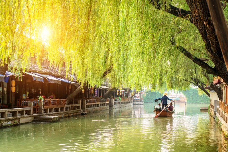 China: canales de Suzhou de noche