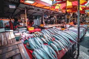 Corea del Sur: puestos de pescado fresco en el mercado Jagalchi de Busan