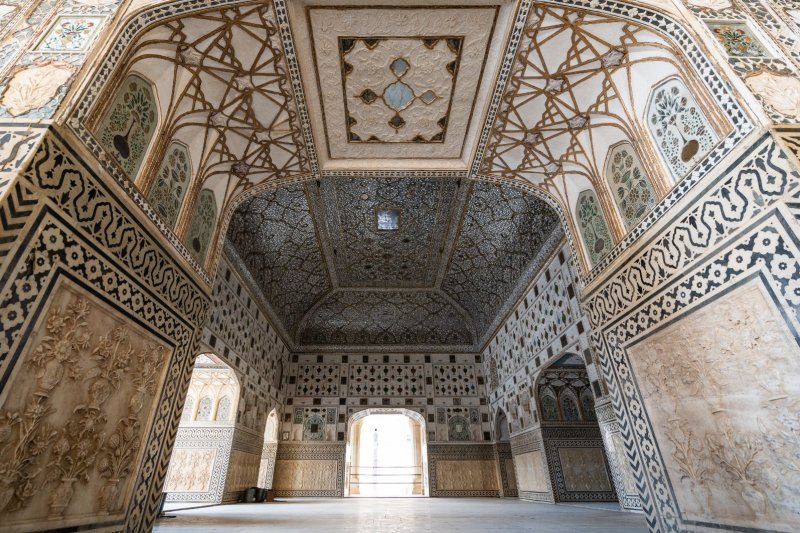 India: el Sheesh Mahal, palacio de los espejos del fuerte de Amber en Jaipur