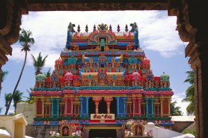 India: gopuram del templo Jambukeshwarar en Tiruchirappalli, Tamil Nadu